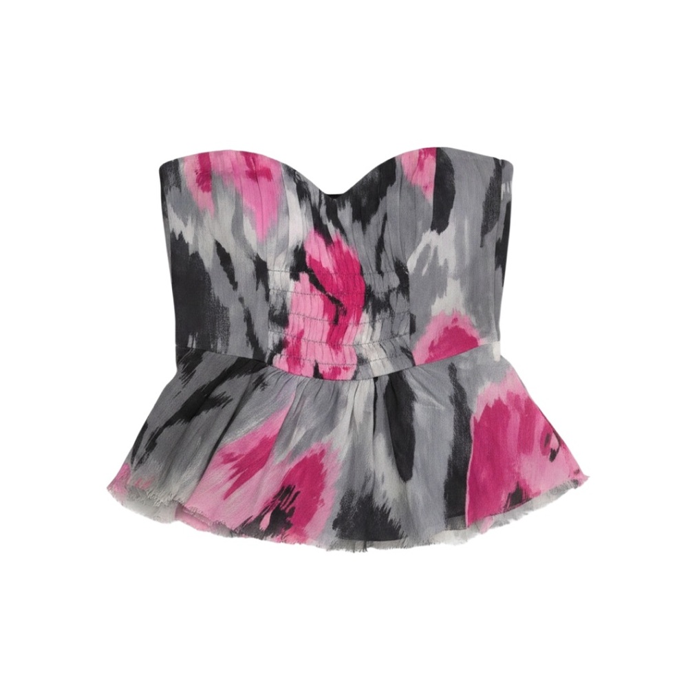 Trina Turk Silk Strapless Watercolor Peplum Top
